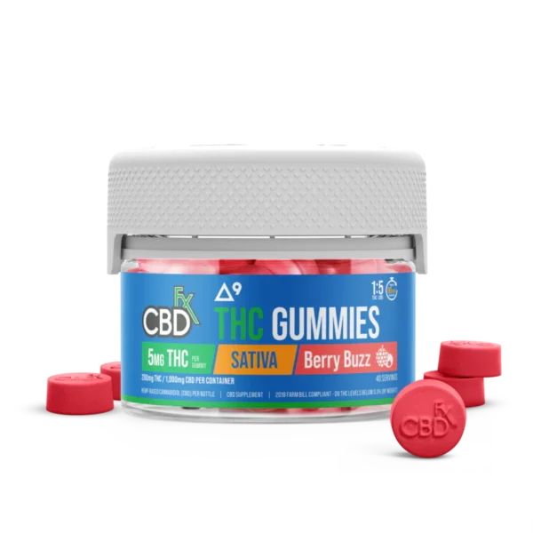 Sativa Gummies (Berry Buzz) – 25mg CBD / 5mg Delta-9 THC per Gummy